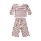 A two-piece baby outfit set featuring a long-sleeve top with ruffle shoulder details and matching wide-leg pants, both in a dusty rose and white horizontal stripe pattern.