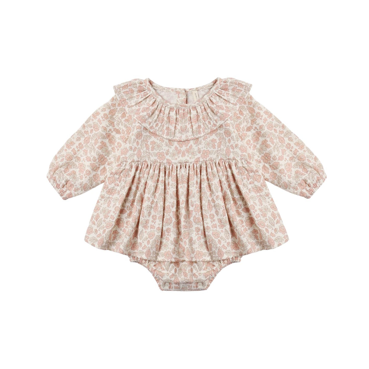 A baby long-sleeve romper in a light beige and pink floral pattern, featuring a ruffled collar and a gathered peplum waist, shown flat on a white background.