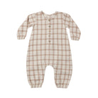 A baby long-sleeve footless romper in a beige and brown plaid pattern, featuring a button-up front and elasticized cuffs and ankles, shown on a plain white background.
