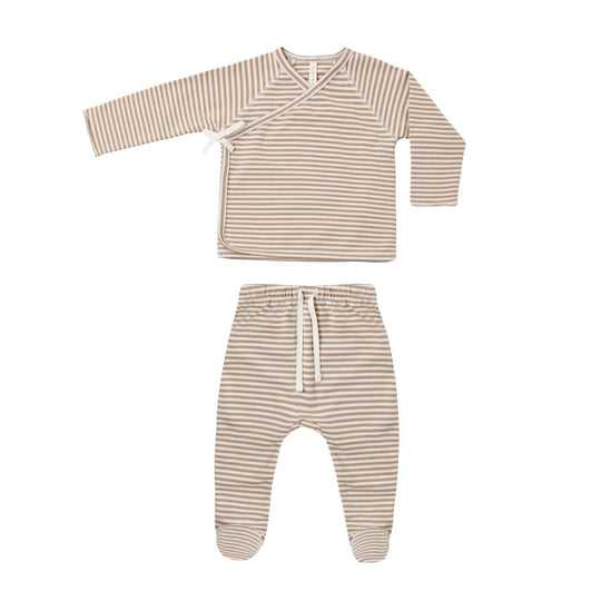 Wrap Top + Footed Pant Set - Almond Stripe by Quincy Mae