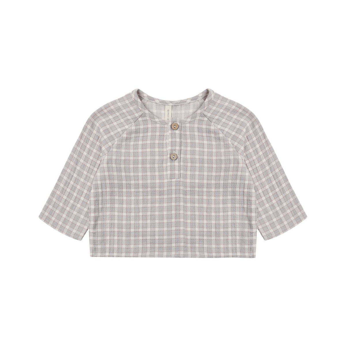 A children's short-sleeve henley top in a light gray and white gingham plaid pattern, featuring a three-quarter collar and three brown buttons on the chest.
