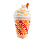 A plush toy shaped like a pumpkin spice latte cup, featuring white faux whipped cream with orange wavy lines, a small orange pumpkin on top, and a peach-colored cup printed with 'PUPPKIN' in orange and pink lettering.