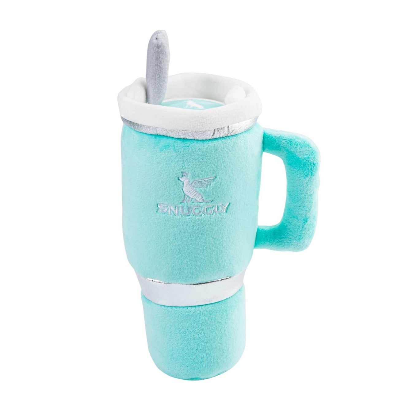 A plush Kentuckyucky brand cup-shaped dog toy in mint green with silver accents, a matching mint green treat tower, and a gray treat spoon, shown on a white background.