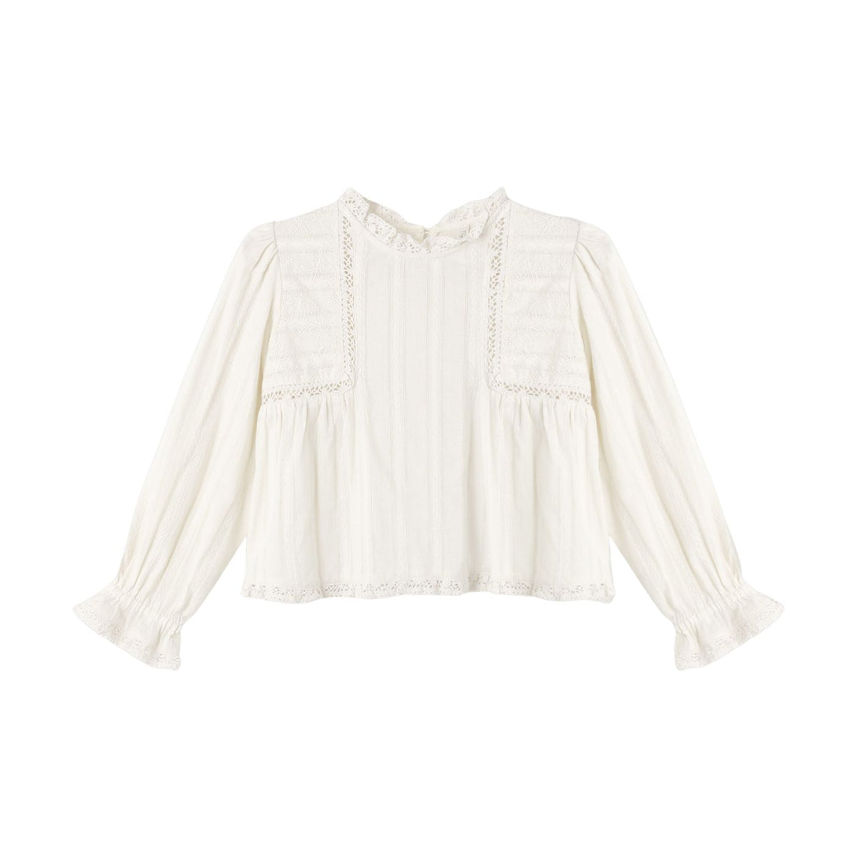 An off-white long-sleeve blouse with vertical pleats, ruffled lace trim, and ruffled cuffs, displayed flat against a solid white background.