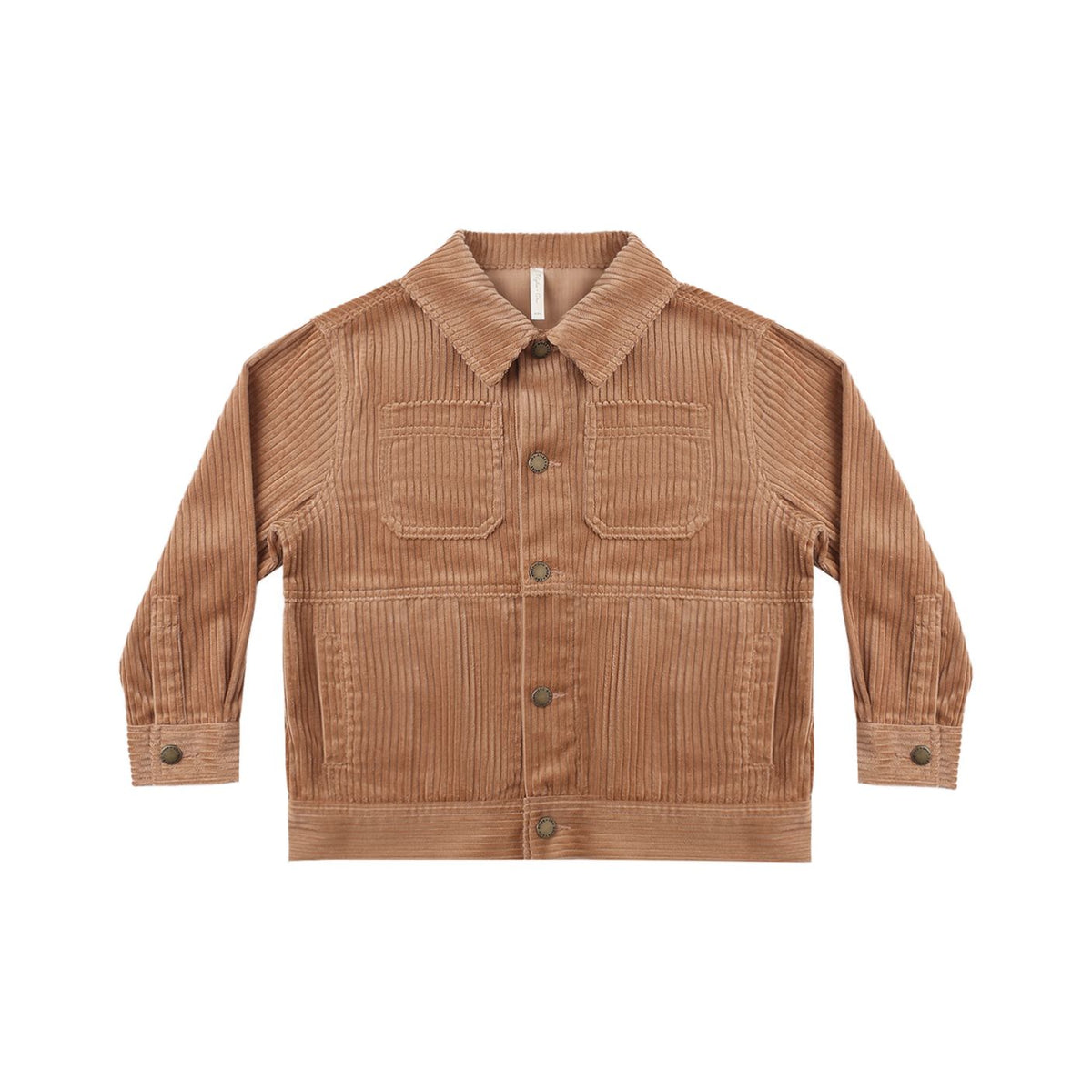 A brown corduroy jacket with a pointed collar, button-up front, and two chest flap pockets, shown flat against a plain white background.