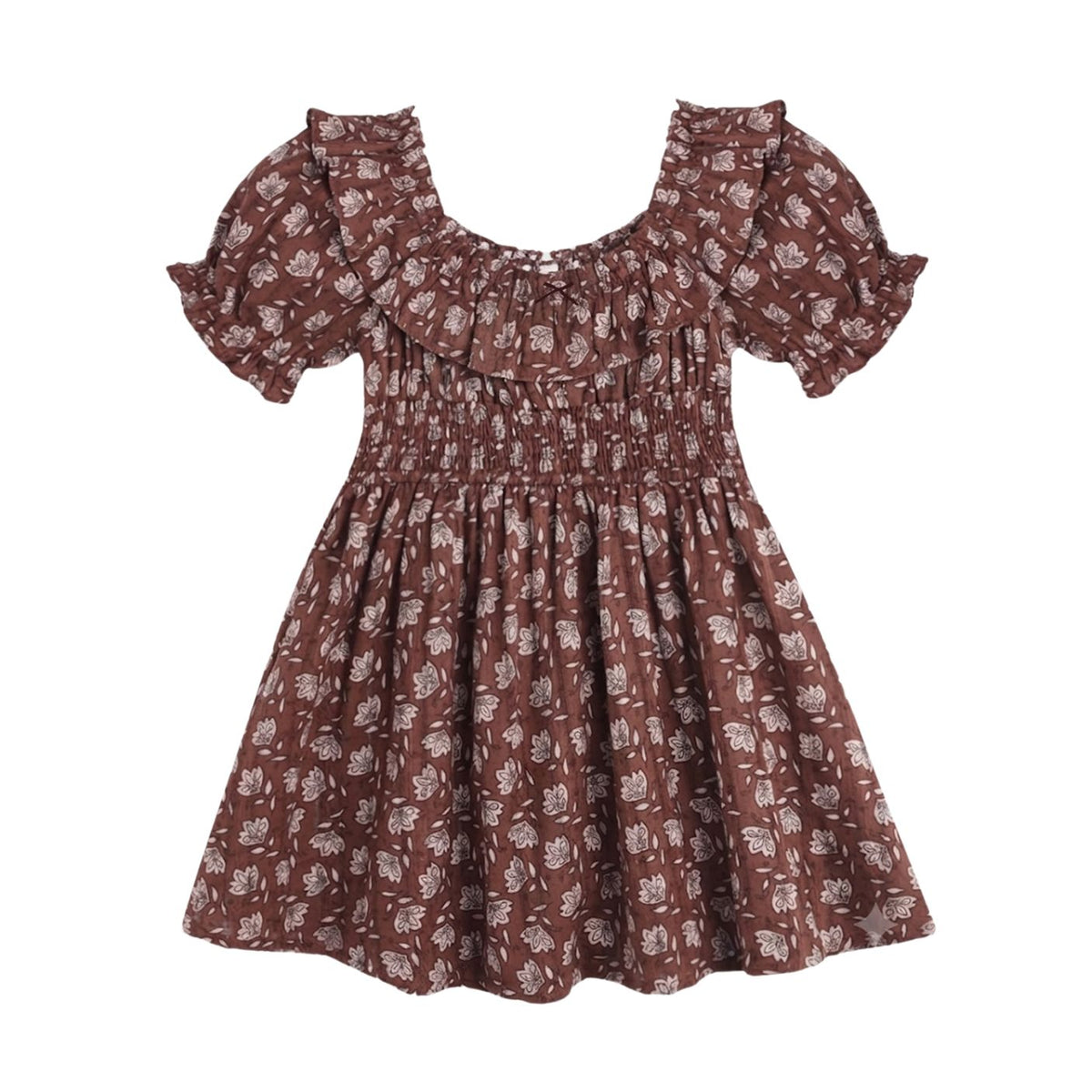 A brown short-sleeve dress with a white floral pattern, featuring ruffled shoulder straps, a smocked bodice, and a flared skirt, shown against a plain white background.
