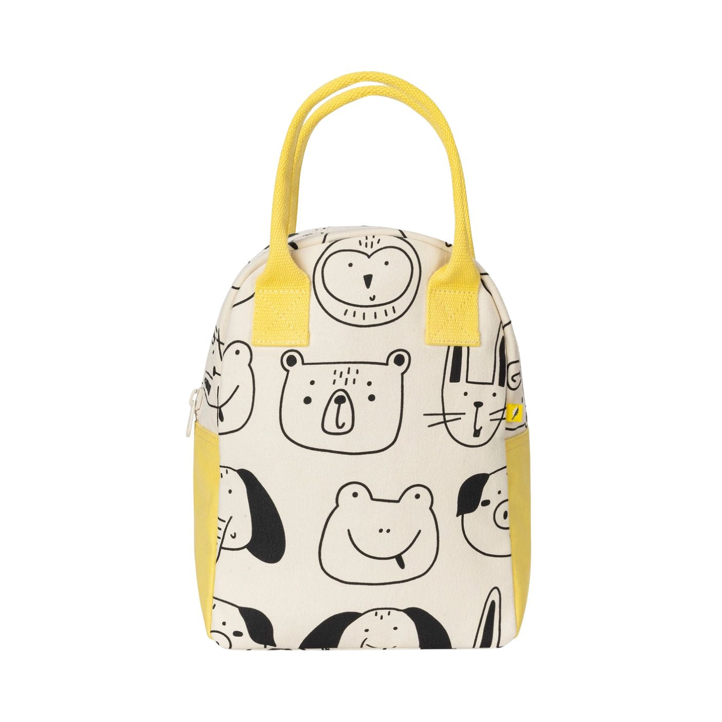 A cream-colored lunch bag with a black cartoon animal face pattern, featuring bright yellow handles and side accents, shown against a plain white background.