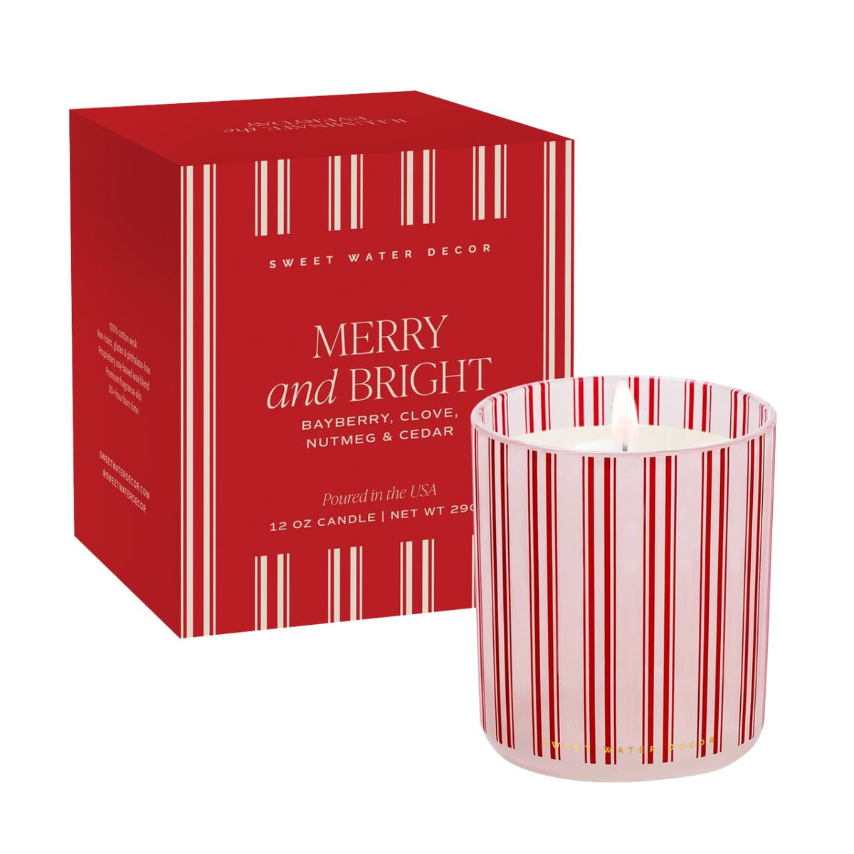 A 12 oz scented candle by Sweet Water Decor with its red packaging box. The candle features red and white vertical stripes on a clear glass vessel, and the box is red with white text reading 'MERRY and BRIGHT'.