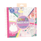 A children's activity book titled 'Magic Multi Play' with a colorful illustrated cover, spiral binding on the left, and a hanger tab at the top, photographed on a plain white background.