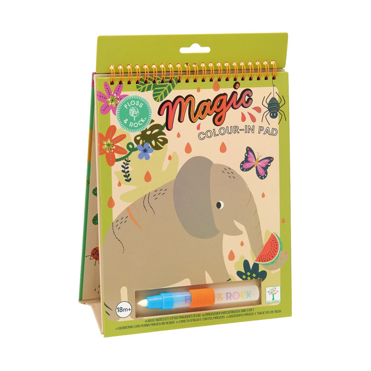 A children's coloring pad in its retail packaging, featuring a cartoon elephant illustration and the title 'Magic Colour-In Pad'. The package includes a small orange and blue marker visible at the bottom.