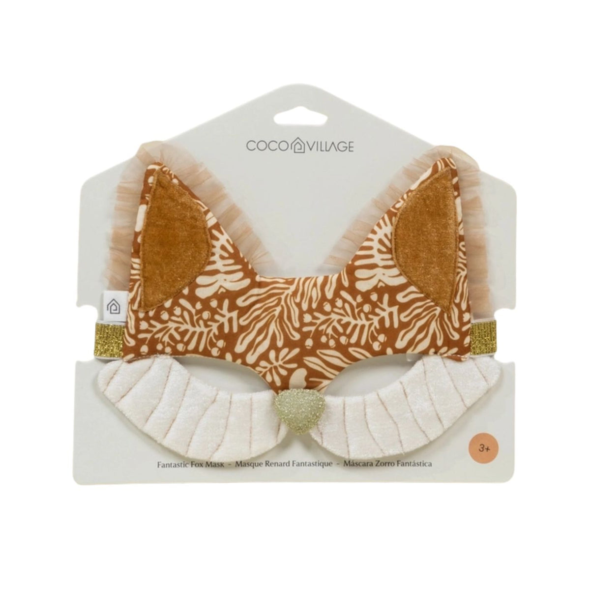 Coco Village plush fox ears headband set in a white and brown patterned fabric with beige ruffle trim and a glittery gold nose, displayed on its white cardboard hanger.