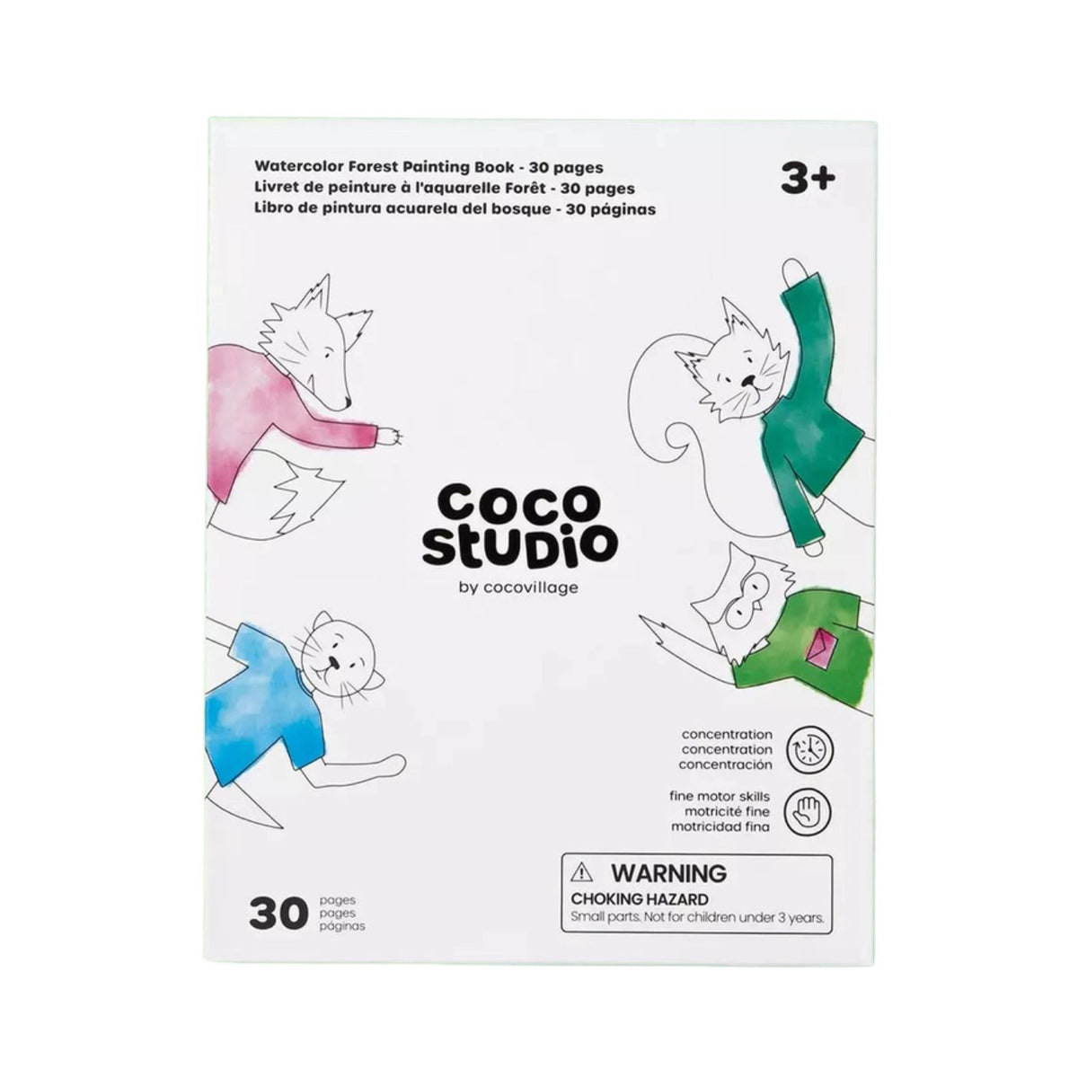 Watercolor Forest Painting Book by Coco Studio, featuring a white cover with colorful watercolor illustrations of foxes in pink, green, and blue, and product details in multiple languages.