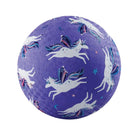 A purple textured ball featuring a repeating pattern of white unicorns with blue, pink, and purple manesvers and small blue stars.