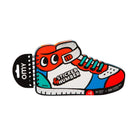 A colorful shoe-shaped sticker pack labeled 'Sticker Number' by Omy, featuring a cartoon sneaker design in red, white, blue, and teal on a plain white background.