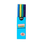 A pack of four Omy Super Clean double-tipped markers in blue, green, teal, and purple, packaged in a bright blue cardboard sleeve with a clear plastic top.