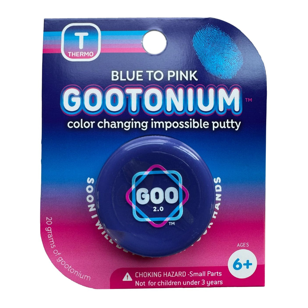 Thermo Gootonium 2.0 color changing impossible putty in its original blister packaging, showing the blue and pink color-changing putty inside a circular container.
