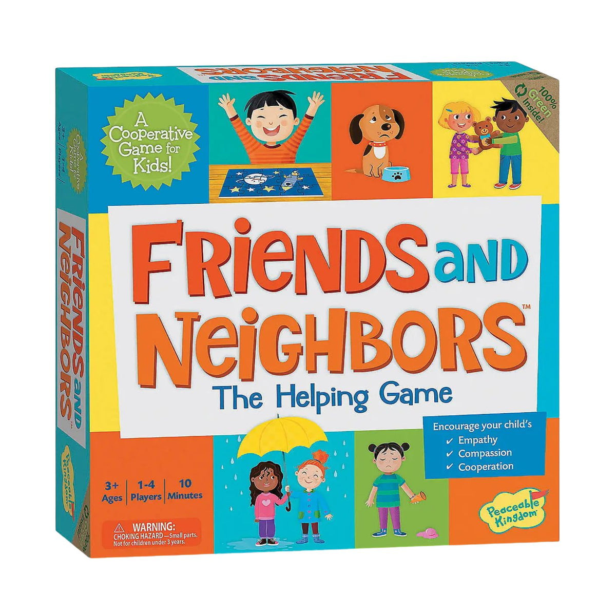 Front and side views of the 'Friends and Neighbors: The Helping Game' board game box by Peaceful Kids, featuring colorful cartoon illustrations of children, a dog, and a child on a bright multicolor background.