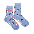 A pair of heather blue crew socks featuring a pattern of red, black, and white hockey players, pucks, and rackets, with 'LONNY SOCKS' printed in white on the soles.