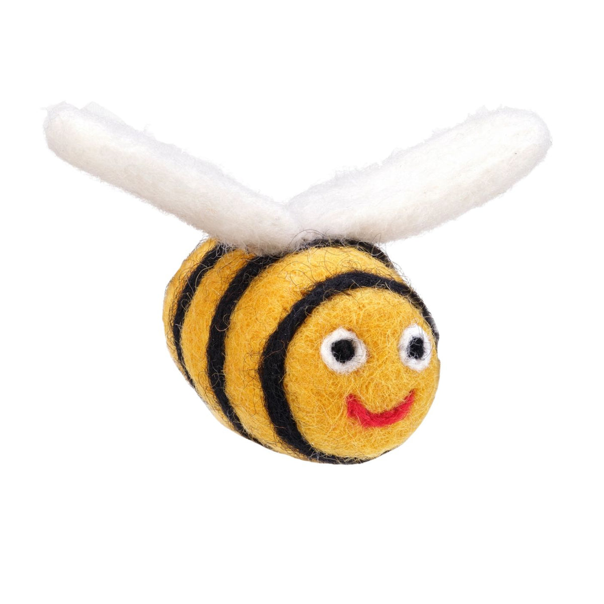A felt bee toy with a yellow and black striped body, white wings, and a smiling face, isolated on a white background.
