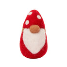 A small felt gnome doll with a red mushroom-shaped hat, white polka dots, a white beard, and a brown nose, centered on a plain white background.