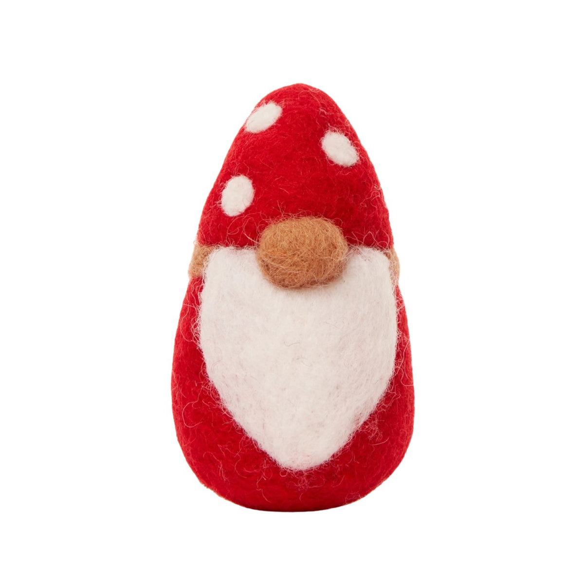 A small felt gnome doll with a red mushroom-shaped hat, white polka dots, a white beard, and a brown nose, centered on a plain white background.