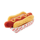 A plush hot dog toy in a white paper tray with a red crisscross pattern, isolated on a white background.
