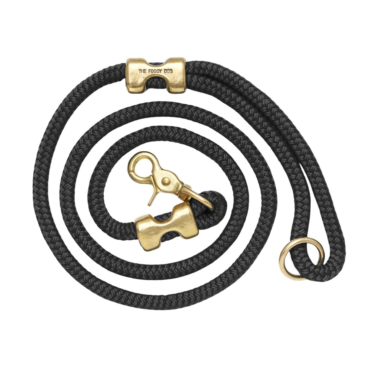 A black braided rope leash with gold-tone metal hardware, including a snap hook, lobster clasp, and ring, shown on a plain white background.
