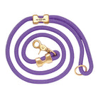 A purple braided rope leash with gold-tone hardware, including a clasp, ring, and a rectangular tag engraved with 'THE FOXY DOG', shown on a plain white background.