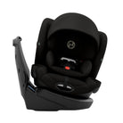 A black infant car seat with a matching base, shown at a three-quarter angle on a solid white background. The brand logo on the headrest is recognizable as Maxi-Cosi.