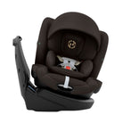 A dark brown and black infant car seat with a matching base, shown from a three-quarter angle on a solid white background.