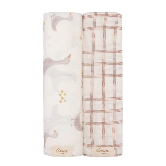 Charlie 2pc Farmhouse Goose/Check Swaddle Set by Crane Baby