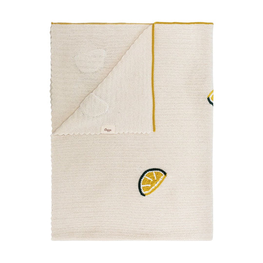 Clementine Lemon Embroidered Knit Baby Blanket by Crane Baby