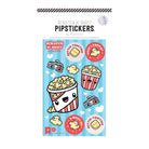 Scratch 'n' Sniff PIPSTICKERS sheet featuring cute cartoon popcorn and butter toasts on a light blue striped background, with the Scratch 'n' Sniff logo at the top.
