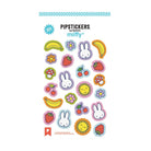 A sheet of colorful Miffy-themed sticker designs from Pippitta, featuring illustrations of Miffy, bananas, strawberries, cherries, flowers, mushrooms, and a smiling sun on a white background.