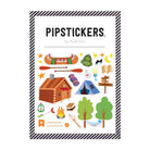 Pipsticks Summer Sanctuary campsite-themed sticker sheet featuring illustrated camping items like a canoe, cabin, tent, trees, campfire, stars, and directional signs on a white background with a black-and-white striped border.