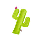 A bright lime green felt cactus-shaped dog toy with a small pink tip and a small fabric tag near the base, shown on a plain white background.