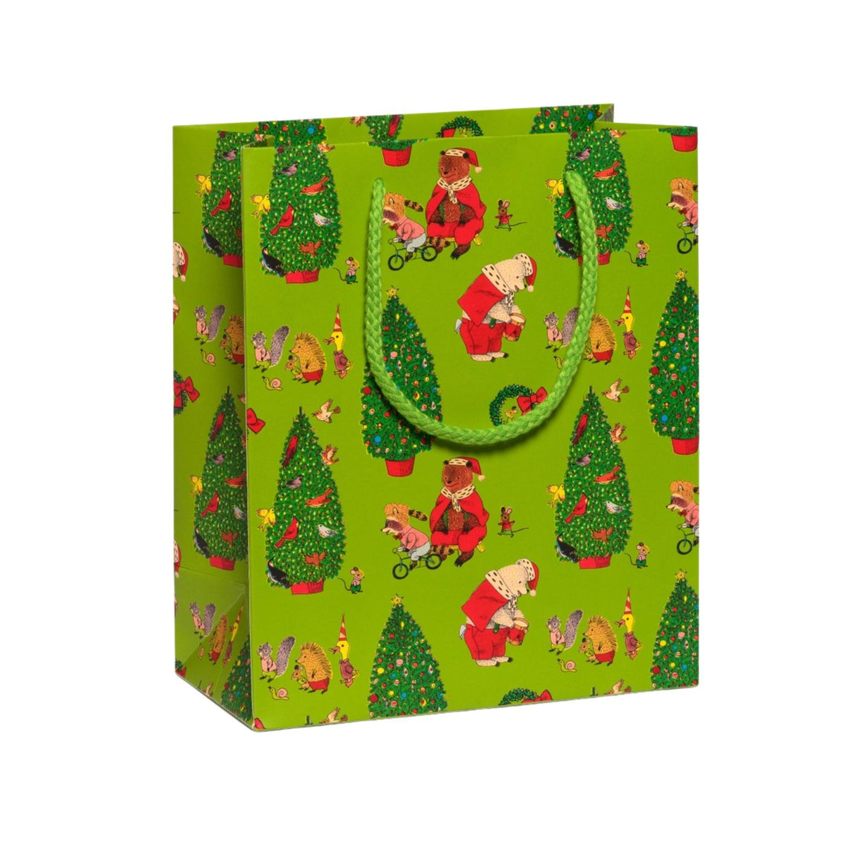 Green holiday gift bag featuring a repeating pattern of bears riding bicycles and trimming trees, illustrated by Richard Scarry.