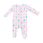 A baby long-sleeve footed sleeper with a white background, featuring a repeating pattern of pink and teal Christmas trees tied with pink bows.