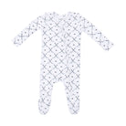 A white long-sleeve baby footed sleeper with an all-over navy blue X and dot pattern, shown flat on a white background.