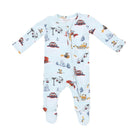 A baby long-sleeve footed sleeper in light blue with a colorful ski resort print featuring snowmobiles, lifts, and trees, shown flat on a white background.