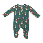 A long-sleeve baby footed sleeper in dark green, featuring an all-over print of cartoon potion bottles and small gold stars.