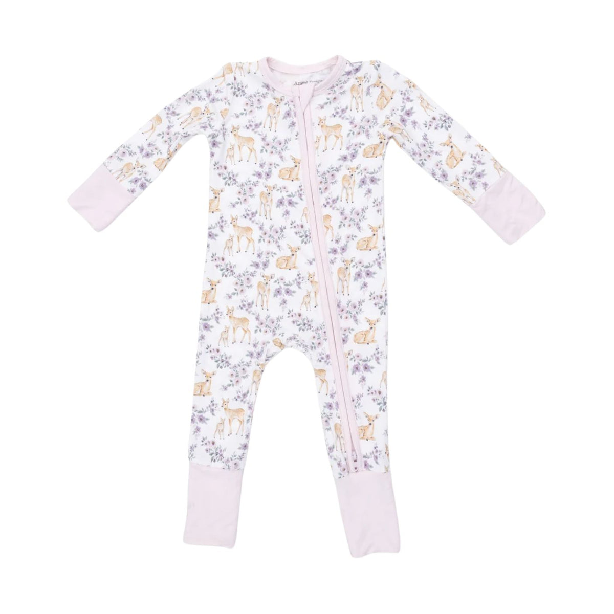 A baby long-sleeve footed sleeper with a white background, featuring a pattern of light brown deer and small purple flowers, finished with light pink ribbed cuffs and a pink zipper.