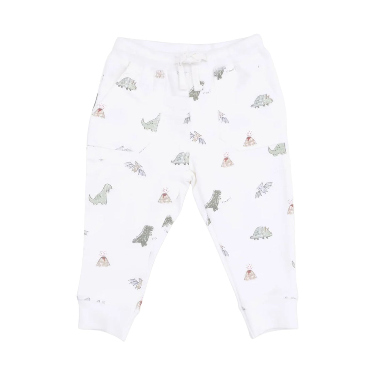 White baby jogger pants with an all-over dinosaur print, featuring an elastic waistband with a white drawstring and ribbed ankle cuffs.