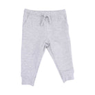 Light gray heathered sweatpants for toddlers, featuring an elastic waistband with a matching drawstring, side pockets, and ribbed ankle cuffs, shown flat on a white background.