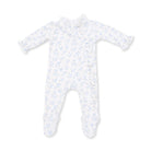 A baby long-sleeve footed sleeper in white with a light blue floral pattern, featuring ruffled trim at the collar, cuffs, and ankles.