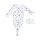 A baby sleep suit and matching beanie set in white fabric with a repeating dark gray crossed-stitch style pattern, displayed on a solid white background.