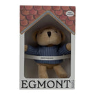A packaged mini teddy bear toy from Egmont Toys, featuring a beige plush bear wearing a blue knit sweater, displayed inside a house-shaped window box with the brand name 'EGMONT TOYS' on the front.