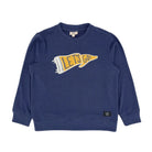 A navy blue crewneck sweatshirt for kids, featuring a yellow and white pennant graphic on the chest with the text 'LET'S GO!' and a small black brand patch near the lower hem.