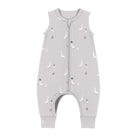 A light gray sleeveless baby jumpsuit with a front zipper and an all-over print of white geese and small brown and teal dots, shown on a plain white background.