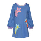 A blue long-sleeve tunic dress for toddlers, featuring colorful embroidered star and shooting star motifs on the front, with purple striped trim on the collar and cuffs.